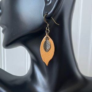 2/$25 Leather & brass tan leaf earrings